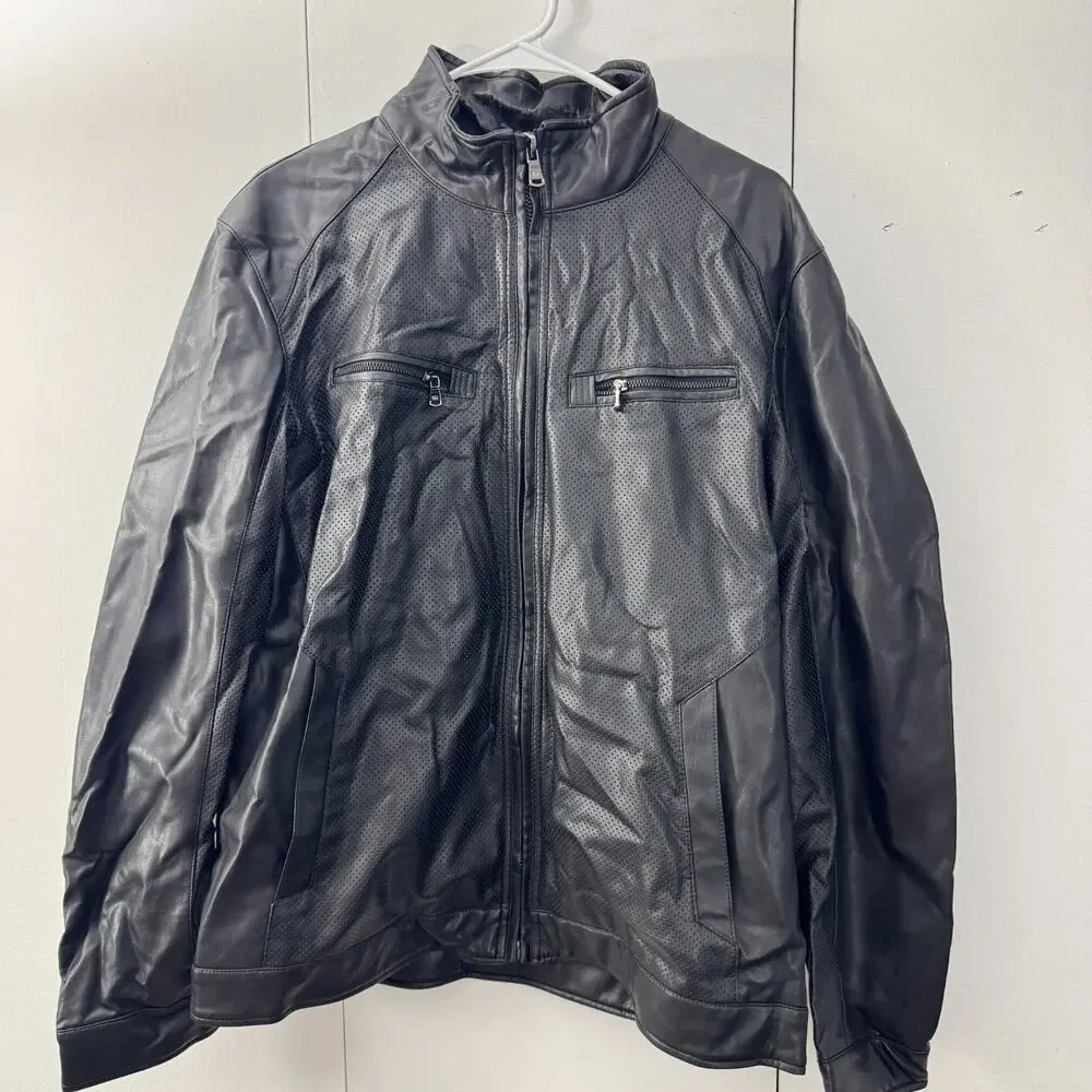 Michael Kors Men’s Black Faux Leather Jacket Size L Damage to Neck Area